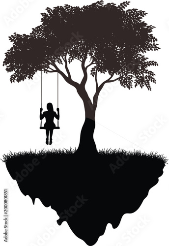 Girl on swing under tree silhouette, floating island fantasy vector illustration dreamlike nature concept design