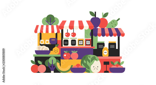 Colorful illustration of a vibrant fruit and vegetable market stand