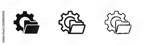 Folder and gear settings icon set, data management and organization concept