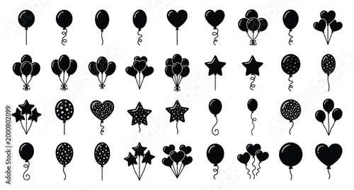 A professional vector silhouette icon sheet featuring 35 different variations of a balloon .eps