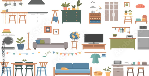 Collection of flat vector furniture illustrations for architectural presentations interior design layout planning isolated elements set