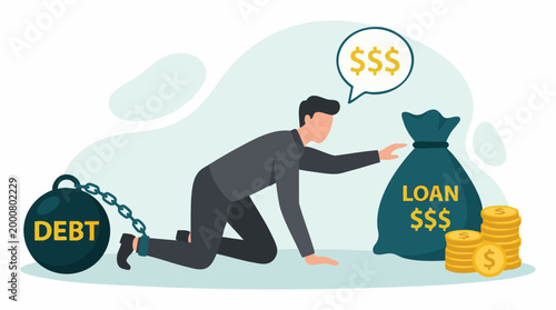 Man chained by debt reaching for a loan, illustrating financial struggle