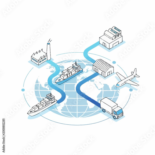 Global Logistics Network Connecting Industries and Transportation Methods.