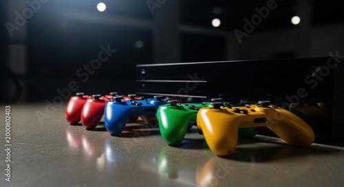 Row of vibrant colored gaming controllers lined up in front of a black console