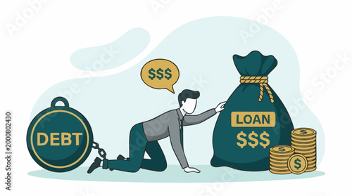 Man chained by debt crawling towards a loan money bag illustration