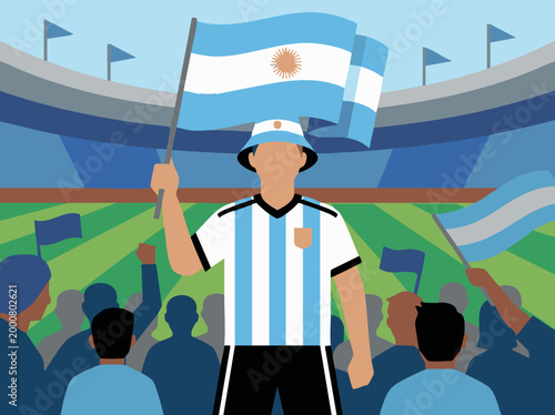 Argentinian Football Fan Waving Flag in Stadium Crowd