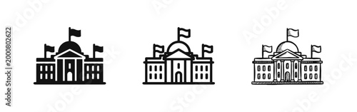 Government building with flags icon set, law and authority concept