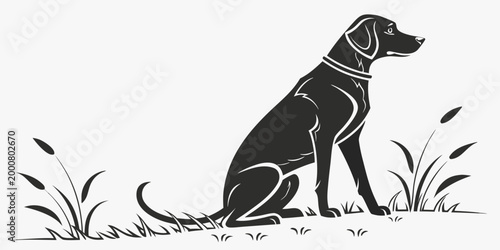 Foto Black silhouette of a labrador retriever dog sitting in tall grass profile view