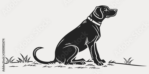 Schilderij op canvas Black dog sitting on grass with collar black and white animal kingdom animal por