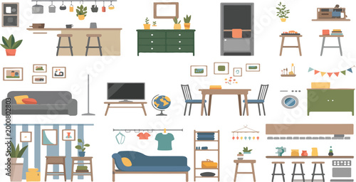 Collection of flat vector furniture illustrations for architectural presentations interior design layout planning isolated elements set