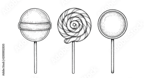 Detailed pen and ink drawings of three different types of lollipops including a ball, a swirl, and a flat round candy.