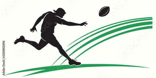 Obraz na plátně Silhouette of a football player kicking a ball with dynamic green motion lines f