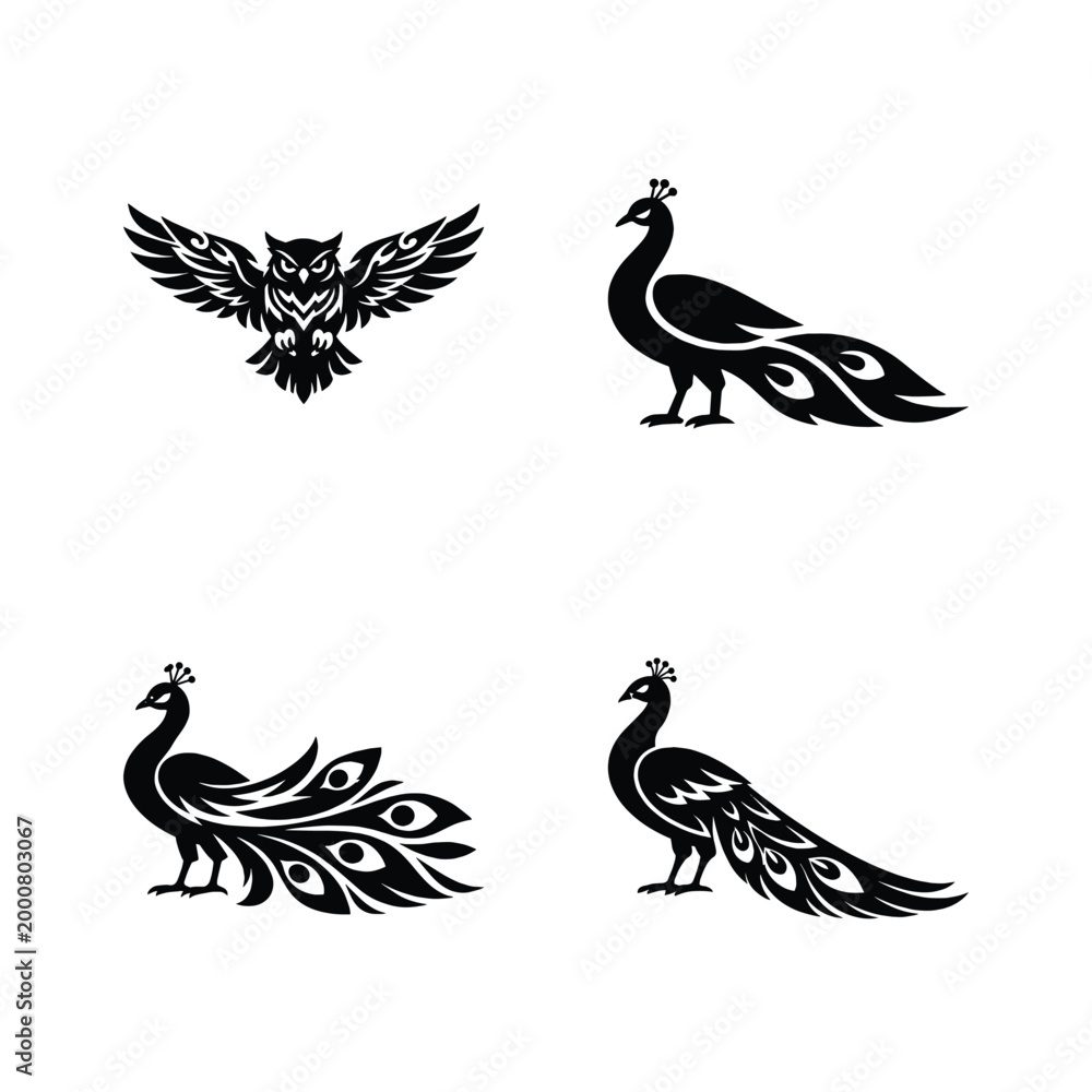 Fototapeta premium Intricate owl and peacock bird silhouettes for elegant design elements
