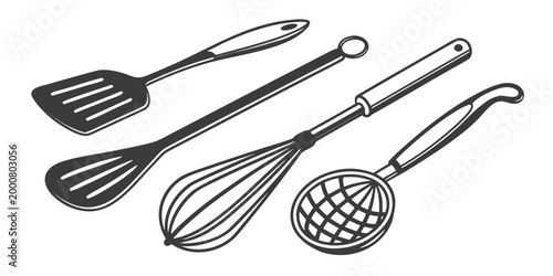 Tableau sur toile Set of kitchen utensils graphic illustration with slotted spoon food preparation
