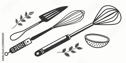 Kitchen utensils and decorative leaves graphic with food preparation black and white home cooking flat design white background utensils strainer decorative illustration silhouette equipment