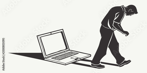 Silhouette of a man walking away from an open laptop with digital detox modern life black and white line art public space silhouette computer technology departure disconnect exhaustion