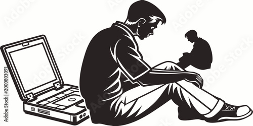 Man sitting by laptop with another person in background two people remote work social distancing modern life line art black and white background computer technology freelance communication