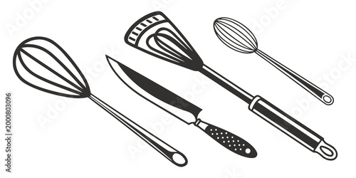 Kitchen utensils collection: whisk spatula knife spoon with cooking tools baking tools food preparation kitchen equipment chef tools eating utensils kitchen accessories home cooking line art