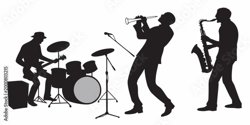 Silhouettes of a jazz band playing instruments with band practice black and white flat design performance musician silhouette illustration entertainer saxophone clarinet guitarist rehearsal
