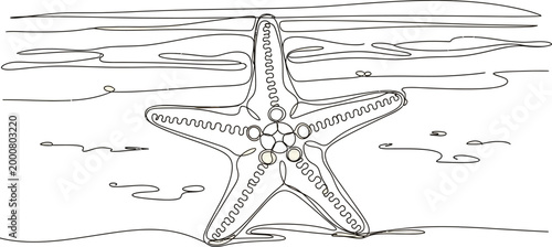 Single continuous line art illustration of a starfish with intricate internal patterns, resting on a minimalist abstract ocean floor, perfect for modern coastal and marine-inspired design elements.