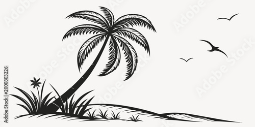 Palm tree silhouette on a sandy dune with grass and flying birds silhouette tropical vacation landscape paradise destination wildlife creature serenity tranquility minimalist isolated