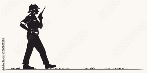 Silhouette of a police officer walking with a radio silhouette communication authority enforcement security prevention detective policeman civilian headwear handheld outdoors minimalist