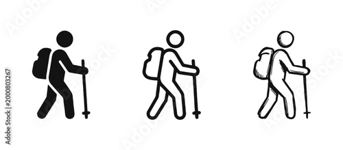 Hiking icon set, backpacker trekking with walking sticks illustration in solid, outline and hand-drawn styles