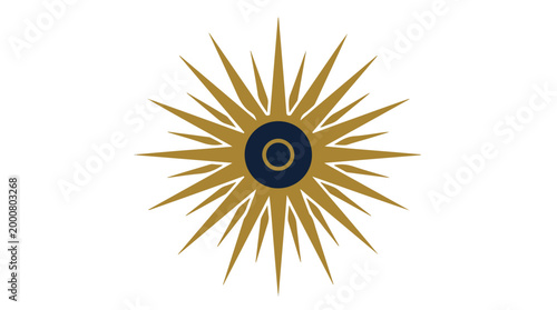 Golden stylized sunburst icon with sharp radiating rays and deep black circular center on white