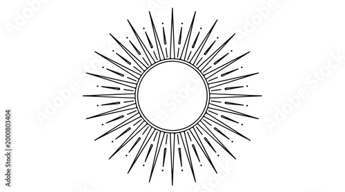 Minimalist black line art illustration of radiant sunburst with sharp rays exploding outward