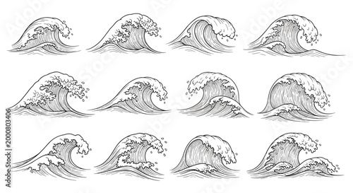 Set of hand drawn ocean wave illustrations in a traditional engraving style, showing different sizes and shapes of rolling sea foam.