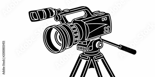 Professional camera on tripod graphic illustration video camera black and white video production motion picture filmmaking recording equipment technology broadcasting cinematography