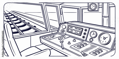 Train drivers control station looking out at railway tracks with transport dashboard steering railroad technology commuter interior operator perspective machinery equipment infrastructure