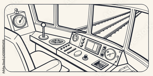 Detailed line art of a locomotive driver cockpit with gauges and track view for coloring or design locomotive dashboard controls transport engineering machinery technical transportation