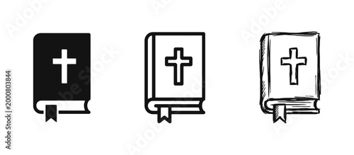 Holy Bible book icon set, religious scripture illustration in solid, outline and hand-drawn styles