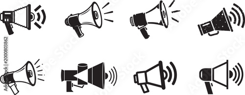 Stylized megaphone or bullhorn with sound waves silhouette collection, vector flat illustration.