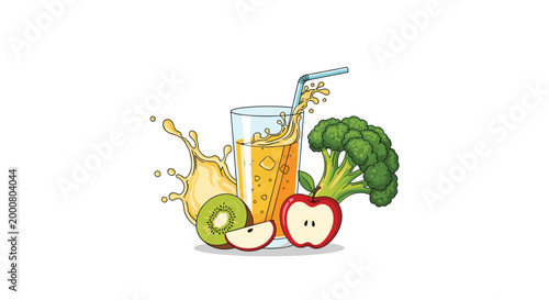 Colorful illustration of a glass of fresh orange juice with ice cubes surrounded by a kiwi, an apple, and a piece of green broccoli.
