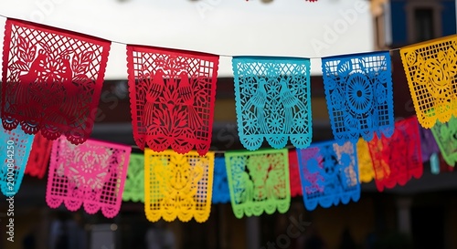Vibrant colorful papel picado banners for Mexican fiesta or celebration decorations outdoors