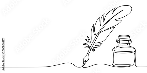 quill pen and ink bottle continuous one line drawing, Minimalist continuous one line drawing of an ink bottle and quill pen. Simple vintage writing concept in elegant hand-drawn style. Vector 