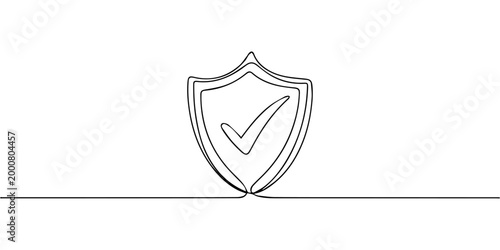 shield with  continuous one line drawing, Shield badge with checkmark continuous line drawing. Protection symbol with approved mark. Guard drawing sign. Vector illustration isolated on white