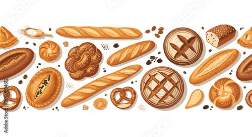 Long horizontal banner featuring a large variety of freshly baked bread types including baguettes, pretzels, and loaves with grains.