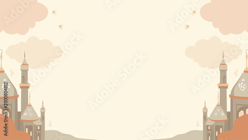 A minimalist illustration of desert buildings evokes a sense of serenity and cultural richness. Ideal for travel blogs, destination marketing, or back