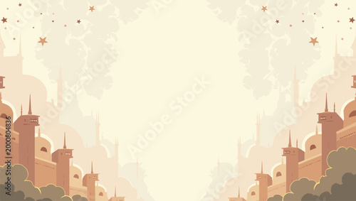 A peaceful, illustrated cityscape evokes feelings of tranquility and escape. Perfect for travel blogs, cultural presentations, or background designs, 