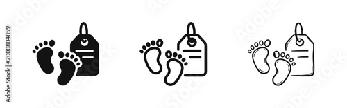 Baby birth icon set, infant footprints with name tag illustration in solid, outline and hand-drawn styles