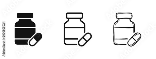 Medicine bottle icon set, drug container with capsule illustration in solid, outline and hand-drawn styles