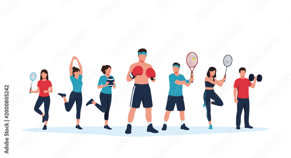 Obraz premium Diverse group of people engaged in various sports and fitness activities including boxing, tennis, badminton, yoga, and weightlifting at a gym.