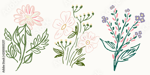 three floral clusters with delicate petals and green leaves on light background high quality professional