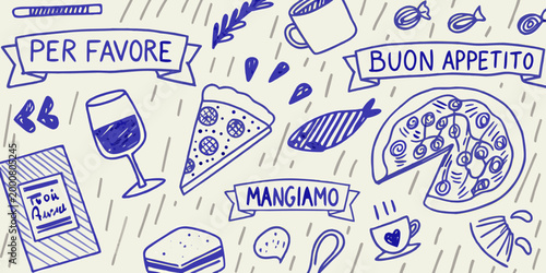 hand drawn illustration of italian food items with phrases high quality professional detailed modern elegant