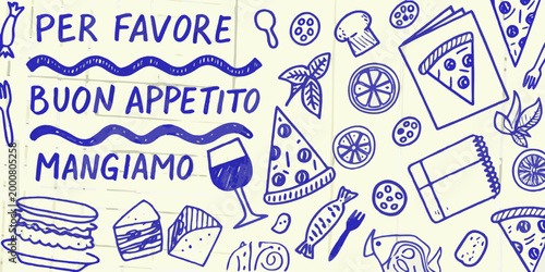 hand drawn illustration of italian food items with phrases on beige background high quality professional