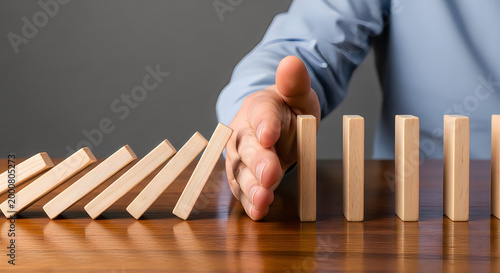 Risk management and business continuity intervention showing hand stopping falling domino blocks.
