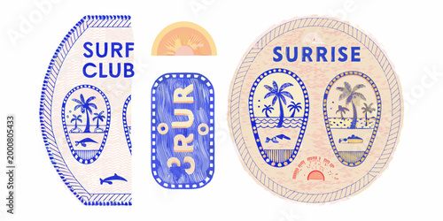 surf club and sunrise themed stamps in blue and beige colors high quality professional detailed